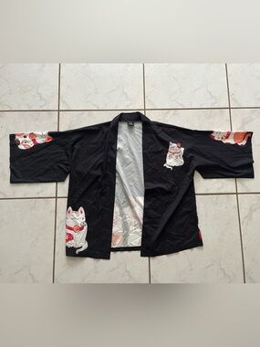 Black Lucky Cat Kimono Jacket - Women